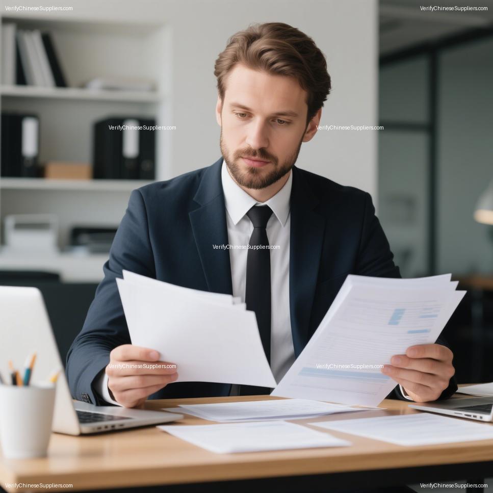 Businessperson reviewing documents with Chinese factory background and verification icons